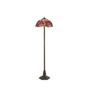 Girolamo 2 Light Octagonal Floor Lamp E27 With 40cm Tiffany Shade, Purple/Pink/Crystal/Aged Antique Brass