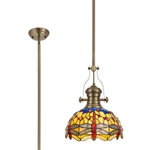 Girolamo 1 Light Pendant E27 With 30cm Tiffany Shade, Antique Brass/Blue/Orange/Crystal