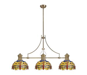Girolamo 3 Light Linear Pendant E27 With 30cm Tiffany Shade, Antique Brass, Blue, Orange, Crystal
