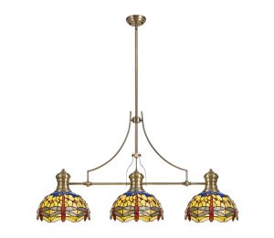 Girolamo 3 Light Linear Pendant E27 With 30cm Tiffany Shade, Antique Brass, Blue, Orange, Crystal