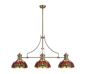 Girolamo 3 Light Linear Pendant E27 With 30cm Tiffany Shade, Antique Brass, Purple, Pink, Crystal