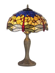 Girolamo 2 Light Curved Table Lamp E27 With 40cm Tiffany Shade, Blue/Orange/Crystal/Aged Antique Brass