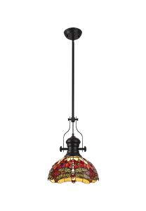 Girolamo 1 Light Pendant E27 With 30cm Tiffany Shade, Matt Black/Purple/Pink/Crystal