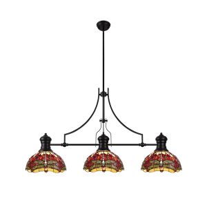 Girolamo 3 Light Linear Pendant E27 With 30cm Tiffany Shade, Matt Black, Purple, Pink, Crystal