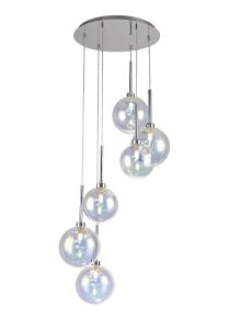 Giuseppe 44cm Round Pendant 2.5m, 6 x G9, Polished Chrome/Iridescent/Frosted Type G Shade