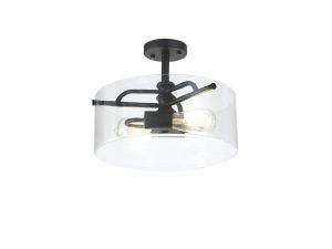 Lago 35cm Semi Flush Ceiling, 2 Light E27, Sand Black / Clear Glass