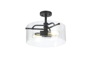 Lago Semi Flush Ceiling, 2 Light E27, Sand Black / Clear Glass