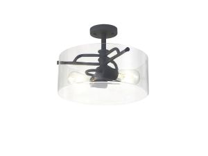 Lago 35cm Semi Flush Ceiling, 2 Light E27, Anthracite / Clear Glass