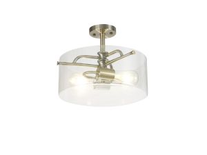 Lago Semi Flush Ceiling, 2 Light E27, Antique Brass / Clear Glass