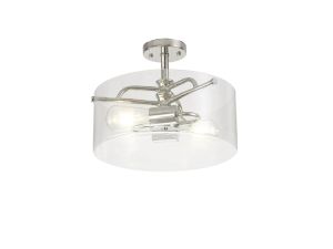 Lago Semi Flush Ceiling, 2 Light E27, Polished Nickel / Clear Glass