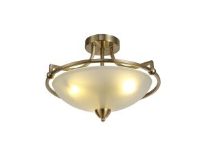 Grissini 39cm Semi Flush Ceiling, 3 Light E27, Antique Brass/Frosted Glass