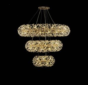 Hiphonic 3 Tier 60cm + 100cm + 140cm Pendant, 12 + 26 + 36 Light G9 French Gold/Crystal, Item Weight: 37.6kg
