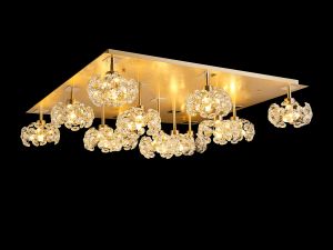 Hiphonic Square 13 Light G9 Flush Light With French Gold Square And Crystal Shade, Item Weight: 17.2kg