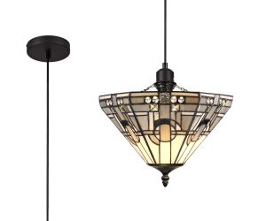 Kiddily 1 Light Uplighter Pendant E27 With 30cm Tiffany Shade, White/Grey/Black/Clear Crystal