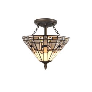 Kiddily 2 Light E27 Semi Flush With Tiffany Shade 30cm Shade, White/Grey/Black/Clear Crystal/Aged Antique Brass