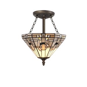 Kiddily 3 Light E27 Semi Flush With Tiffany Shade 30cm Shade, White/Grey/Black/Clear Crystal/Aged Antique Brass