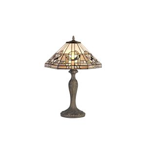 Kiddily 2 Light Curved Table Lamp E27 With 40cm Tiffany Shade, White/Grey/Black/Clear Crystal/Aged Antique Brass