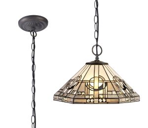 Kiddily 2 Light Downlighter Pendant E27 With 40cm Tiffany Shade, White/Grey/Black/Clear Crystal/Aged Antique Brass
