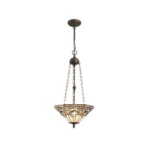 Kiddily 3 Light Uplighter Pendant E27 With 40cm Tiffany Shade, White/Grey/Black/Clear Crystal/Aged Antique Brass