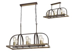 Kante Pendant/Semi Flush Oblong 6 Light E27, Brown Oxide / Antique Bronze / Wood