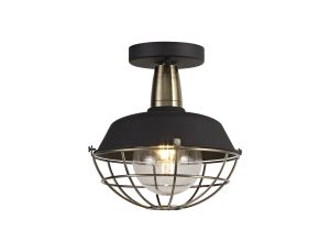 Linda 25cm Semi Flush Ceiling, 1 Light E27, IP65, Matt Black/Antique Brass, 2yrs Warranty