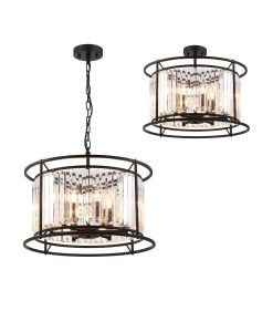 Munito 50cm Pendant/Semi Ceiling Convertible, 6 x E14, Satin Black / Clear
