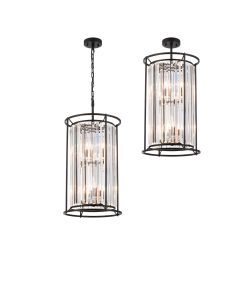 Munito 36cm 2 Tier Pendant/Semi Ceiling, 3+3 x E14, Satin Black / Clear