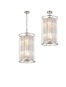 Munito 36cm 2 Tier Pendant/Semi Ceiling, 3+3 x E14, Polished Nickel / Clear