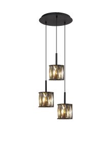Acacia 30cm 3 Light G9 2m Round Pendant Satin Black / Smoke Crystal Shade