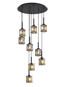 Acacia 50cm 9 Light G9 2.5m Round Multiple Pendant Satin Black / Smoke Crystal Shade