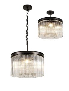 Nutration 40cm Small Round Pendant/Semi Flush, 5 Light E14, Brown Oxide With Fluted Glass And Crystal