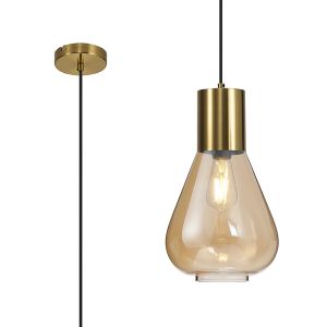 Odeyscene 23cm Narrow Pendant, 1 x E27, Aged Brass/Amber Glass