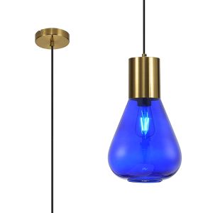Odeyscene 23cm Narrow Pendant, 1 x E27, Aged Brass/Blue Ink Glass