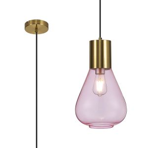 Odeyscene 23cm Narrow Pendant, 1 x E27, Aged Brass/Pink Glass