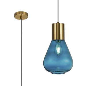 Odeyscene 23cm Narrow Pendant, 1 x E27, Aged Brass/Teal Blue Glass
