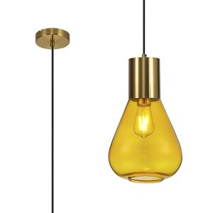 Odeyscene 23cm Narrow Pendant, 1 x E27, Aged Brass/Yellow Glass