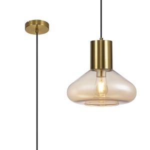 Odeyscene 31cm Wide Pendant, 1 x E27, Aged Brass/Amber Glass