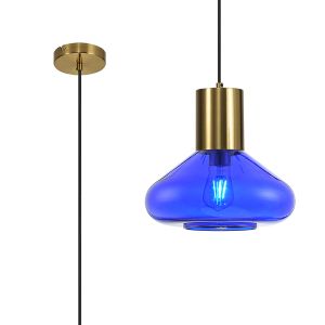 Odeyscene 31cm Wide Pendant, 1 x E27, Aged Brass/Blue Ink Glass