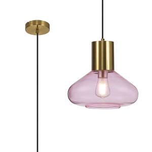 Odeyscene 31cm Wide Pendant, 1 x E27, Aged Brass/Pink Glass