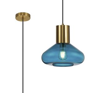 Odeyscene 31cm Wide Pendant, 1 x E27, Aged Brass/Teal Blue Glass