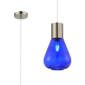 Odeyscene 23cm Narrow Pendant, 1 x E27, Satin Nickel/Blue Ink Glass