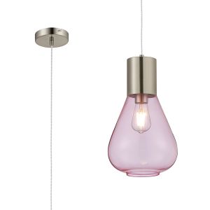 Odeyscene 23cm Narrow Pendant, 1 x E27, Satin Nickel/Pink Glass