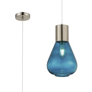Odeyscene 23cm Narrow Pendant, 1 x E27, Satin Nickel/Teal Blue Glass