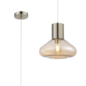 Odeyscene 31cm Wide Pendant, 1 x E27, Satin Nickel/Amber Glass