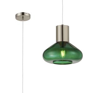 Odeyscene 31cm Wide Pendant, 1 x E27, Satin Nickel/Bottle Green Glass