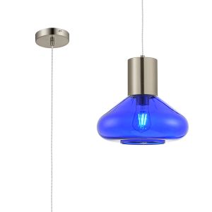 Odeyscene 31cm Wide Pendant, 1 x E27, Satin Nickel/Blue Ink Glass