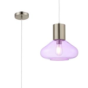 Odeyscene 31cm Wide Pendant, 1 x E27, Satin Nickel/Lilac Glass