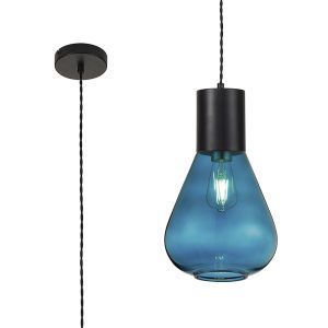 Odeyscene 23cm Narrow Pendant, 1 x E27, Satin Black/Teal Blue Glass