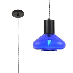 Odeyscene 31cm Wide Pendant, 1 x E27, Satin Black/Blue Ink Glass