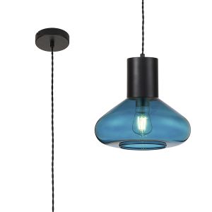 Odeyscene 31cm Wide Pendant, 1 x E27, Satin Black/Teal Blue Glass